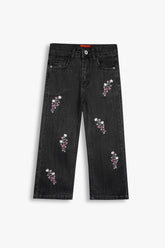 Girls Charcoal Wide Leg Flower Embroidered Pant